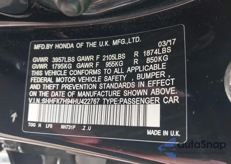 2017 Honda Civic Sport Touring z USA, uszkodzony, nr VIN SHHFK7H94HU422767